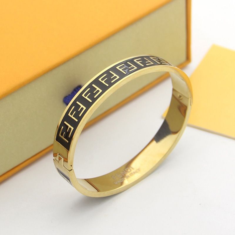 Affordable Fendi FF Ragid Bracelet In Enameled Metal Black Gold