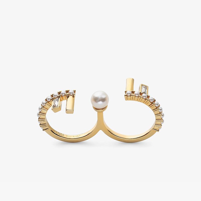 Affordable Fendi First Double Ring In Metal with Crystals and Pearls Gold