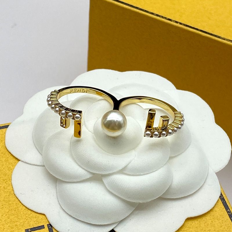 Affordable Fendi First Double Ring In Metal with Crystals and Pearls Gold