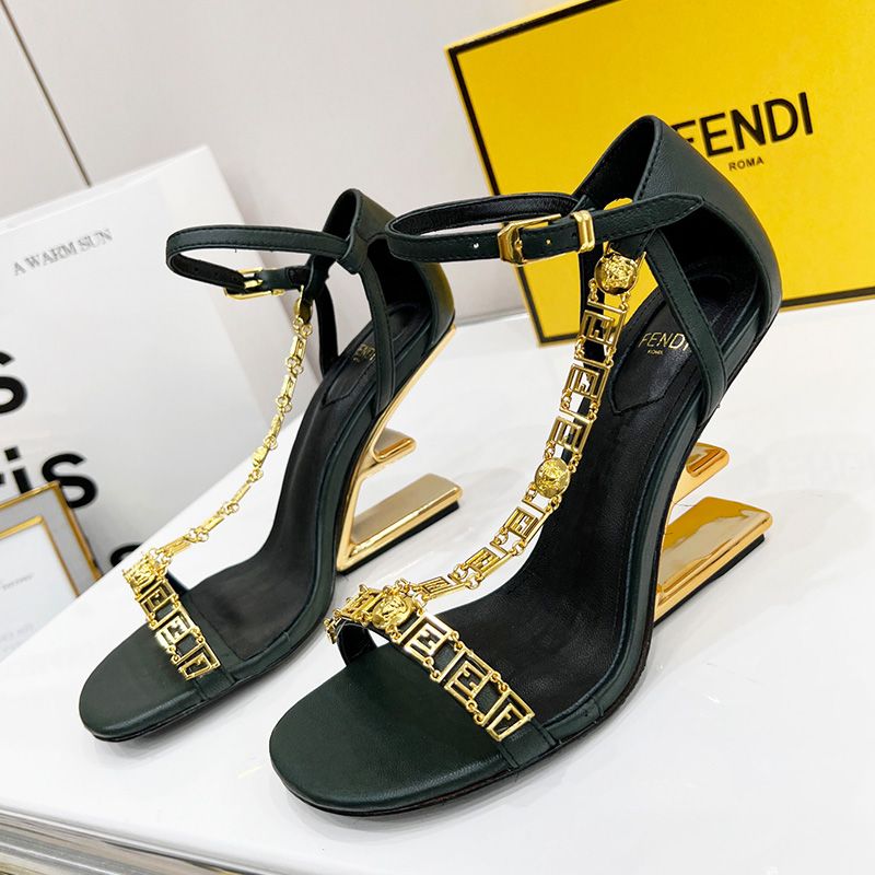 Affordable Fendi First Sandals Women Leather with Fendace Chain Black