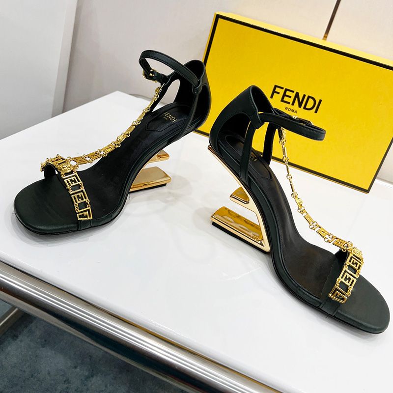 Affordable Fendi First Sandals Women Leather with Fendace Chain Black