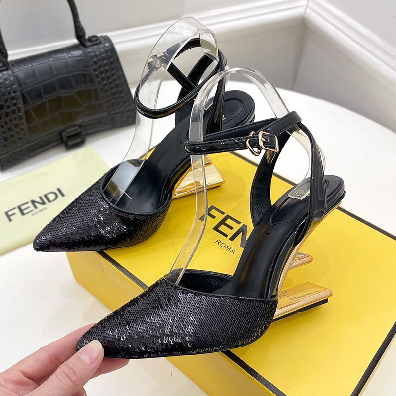 Affordable Fendi First Slingback Pumps Women Calf Leather with Sequins Embroidery Black