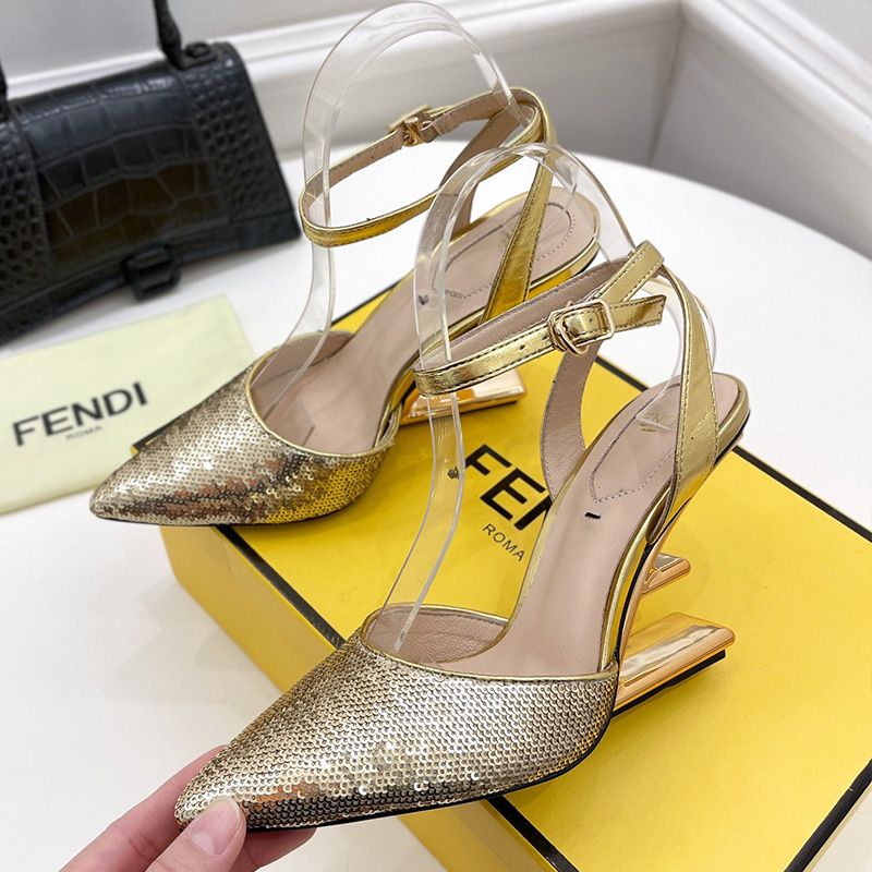 Affordable Fendi First Slingback Pumps Women Calf Leather with Sequins Embroidery Gold