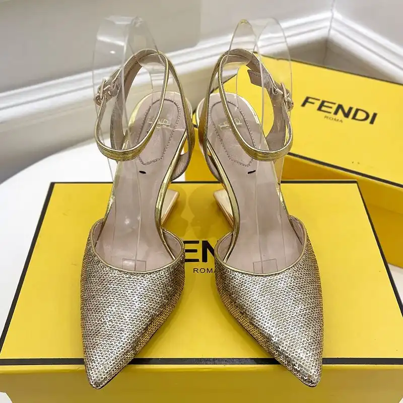 Affordable Fendi First Slingback Pumps Women Calf Leather with Sequins Embroidery Gold HOT SALE