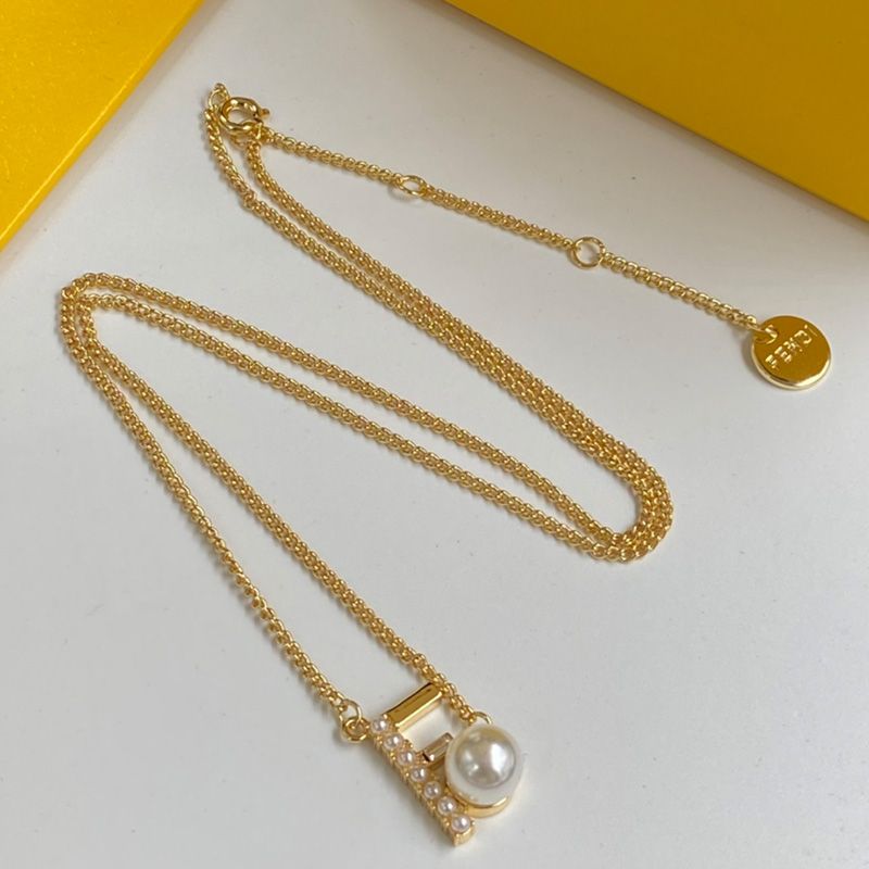 Affordable Fendi First Necklace In Metal with Crystals and Pearls Gold