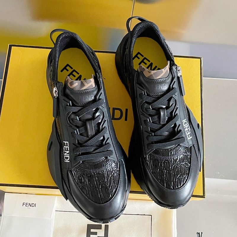 Affordable Fendi Flow Sneakers Men Caiman Leather Black