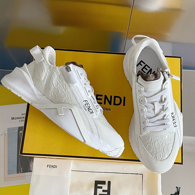 Affordable Fendi Flow Sneakers Men Caiman Leather White