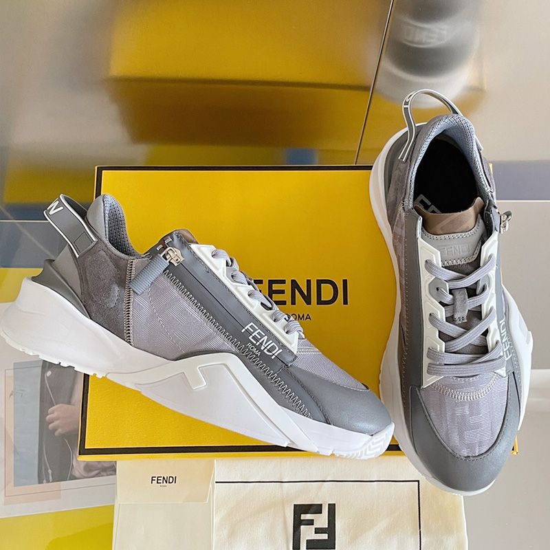 Affordable Fendi Flow Sneakers Men FF Motif Fabric and Suede Grey