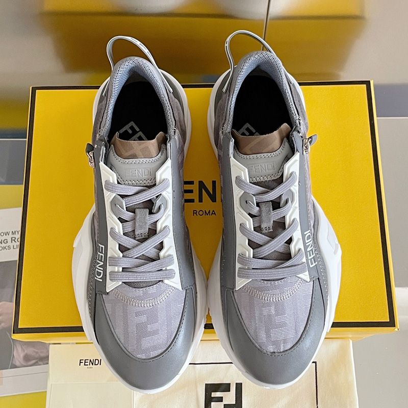 Affordable Fendi Flow Sneakers Men FF Motif Fabric and Suede Grey