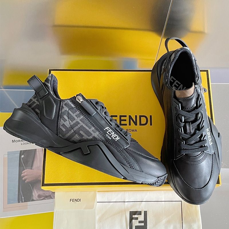 Affordable Fendi Flow Sneakers Men Leather and FF Motif Fabric Black