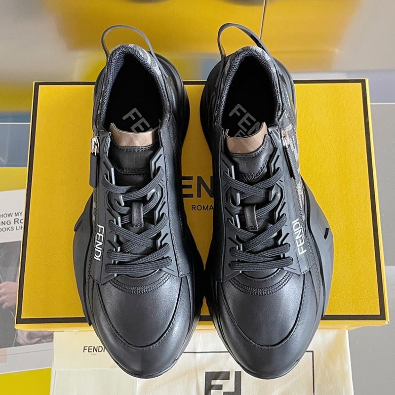 Affordable Fendi Flow Sneakers Men Leather and FF Motif Fabric Black