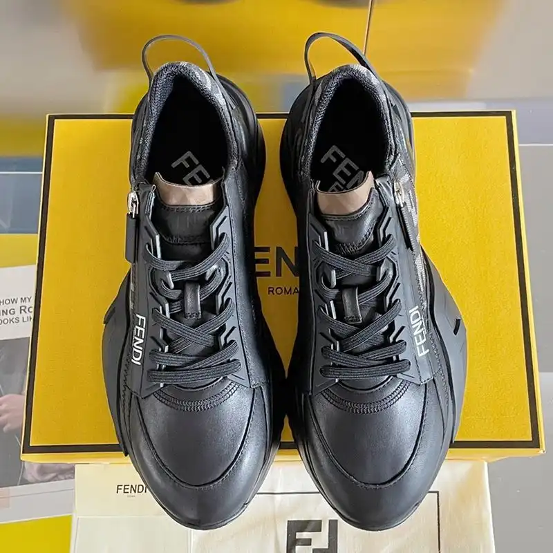 Affordable Fendi Flow Sneakers Men Leather and FF Motif Fabric Black HOT SALE