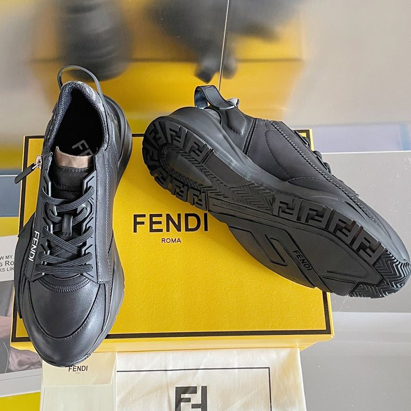 Affordable Fendi Flow Sneakers Men Leather and FF Motif Fabric Black