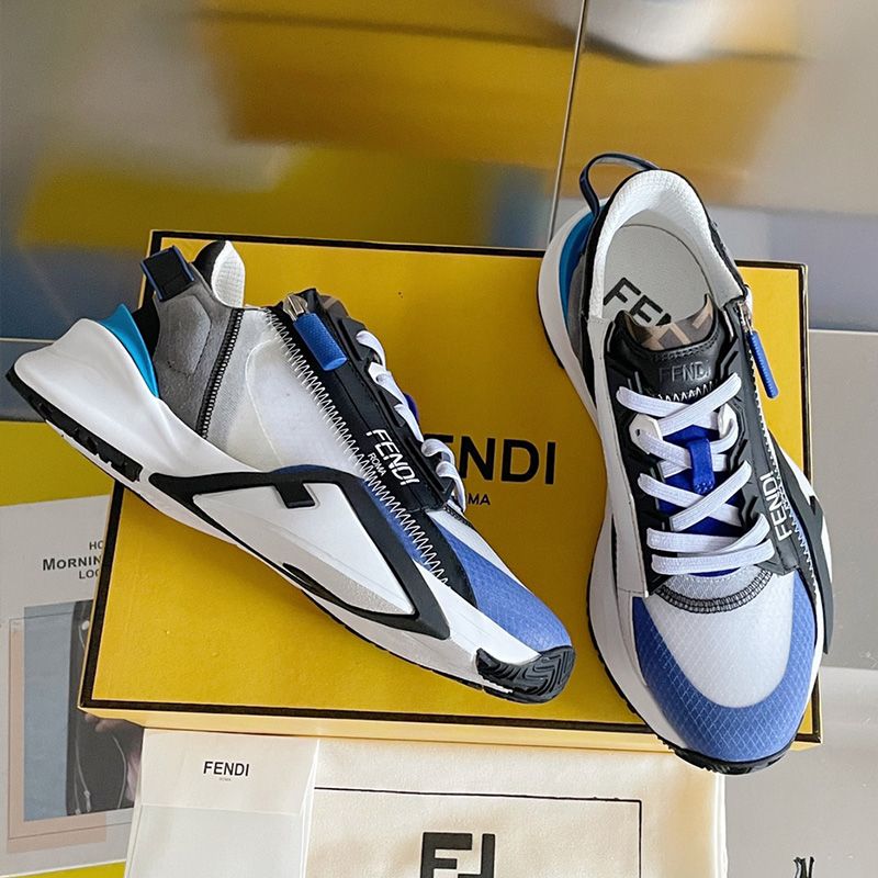 Affordable Fendi Flow Sneakers Men Mesh and Suede Blue