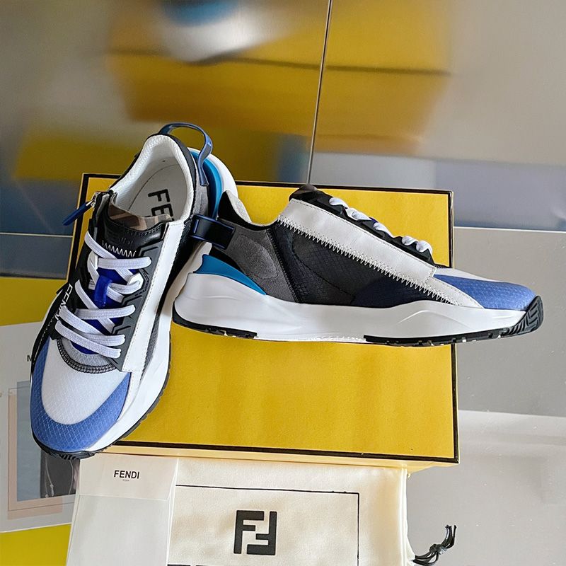 Affordable Fendi Flow Sneakers Men Mesh and Suede Blue