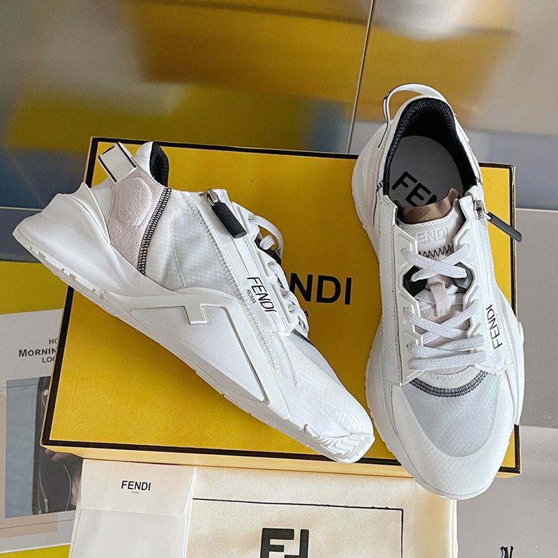 Affordable Fendi Flow Sneakers Men Mesh and Suede White