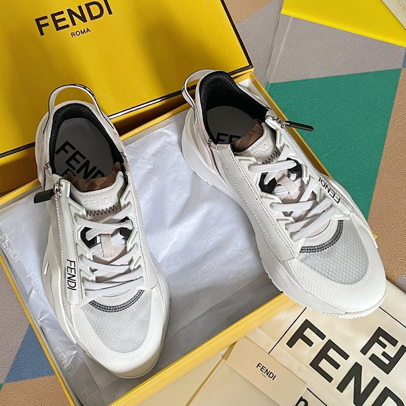 Affordable Fendi Flow Sneakers Men Mesh and Suede White