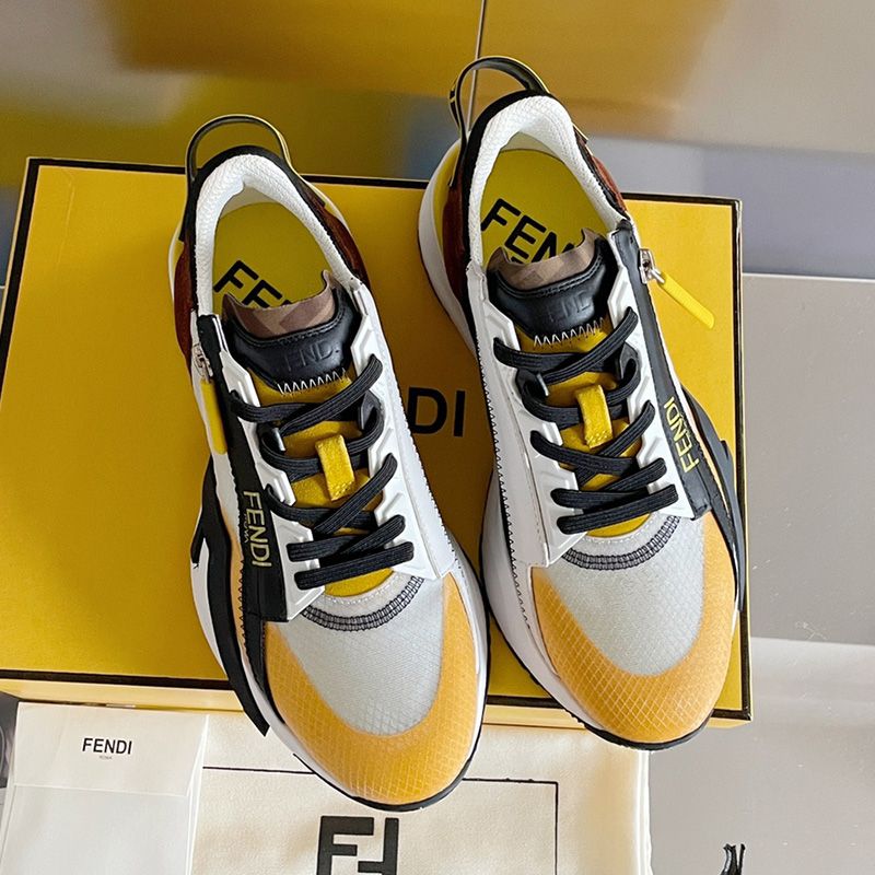 Affordable Fendi Flow Sneakers Men Mesh and Suede Yellow