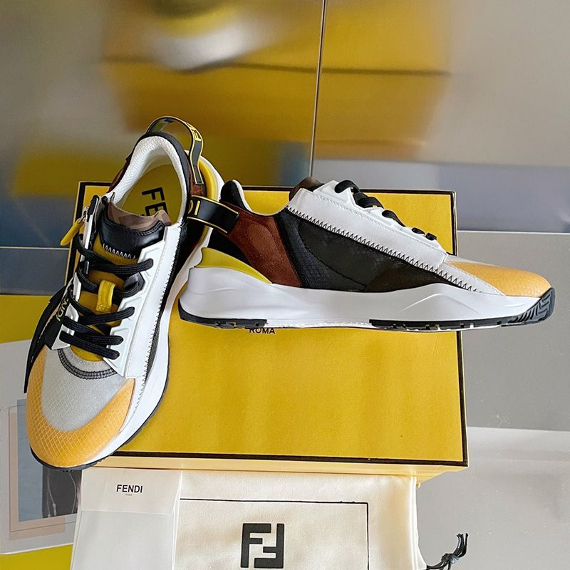 Affordable Fendi Flow Sneakers Men Mesh and Suede Yellow