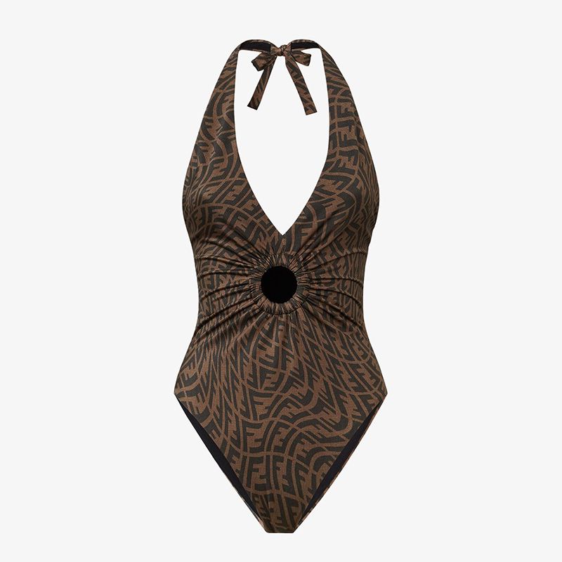 Affordable Fendi Halterneck Swimsuit Women FF Vertigo Motif Lycra Brown