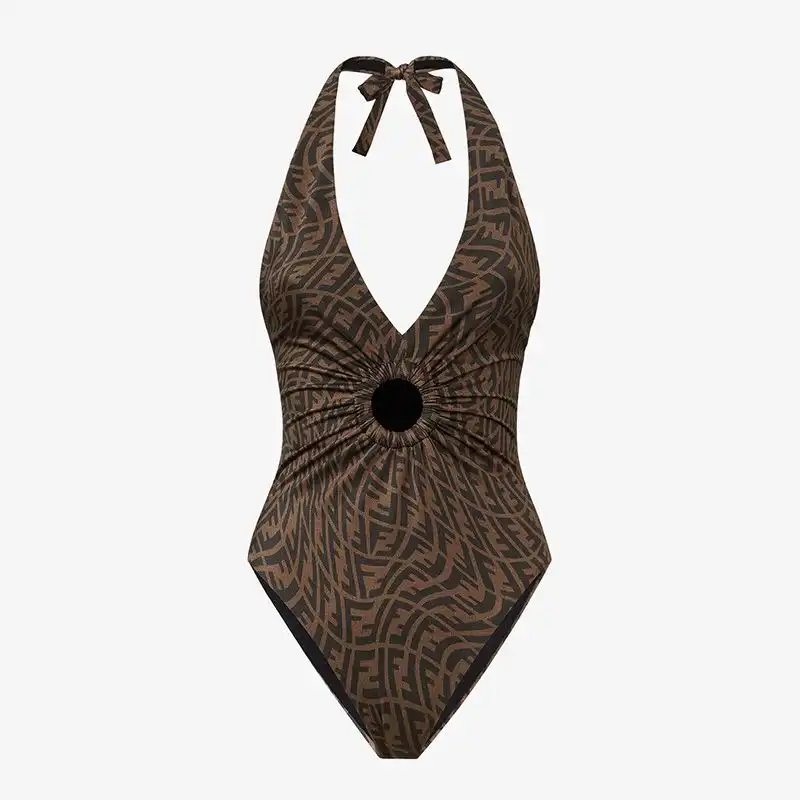 Affordable Fendi Halterneck Swimsuit Women FF Vertigo Motif Lycra Brown