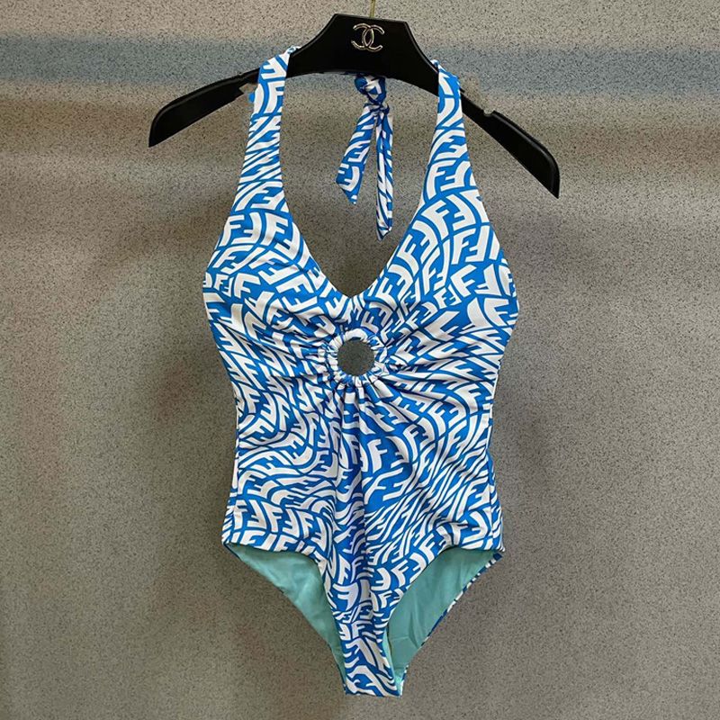 Affordable Fendi Halterneck Swimsuit Women FF Vertigo Motif Lycra Sky Blue