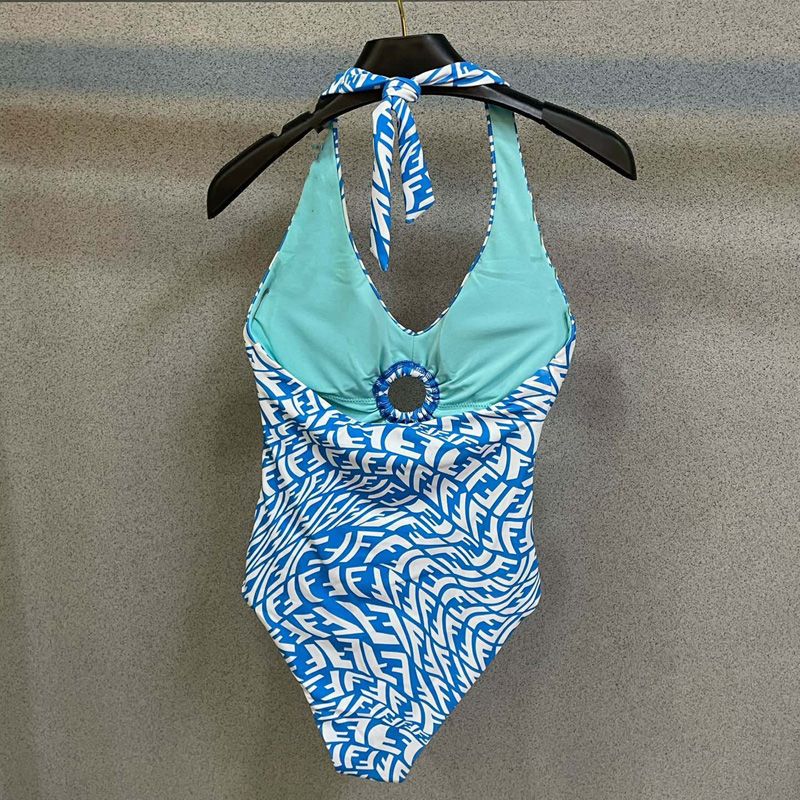 Affordable Fendi Halterneck Swimsuit Women FF Vertigo Motif Lycra Sky Blue