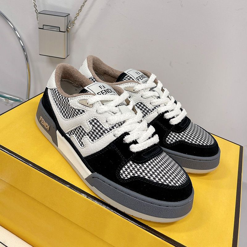 Affordable Fendi Match Compact Sneakers Unisex Suede and Houndstooth Motif Fabric Black