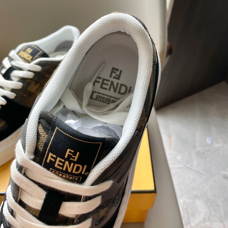 Affordable Fendi Match Platform Sneakers Women FF Motif Fabric and Suede Brown Black