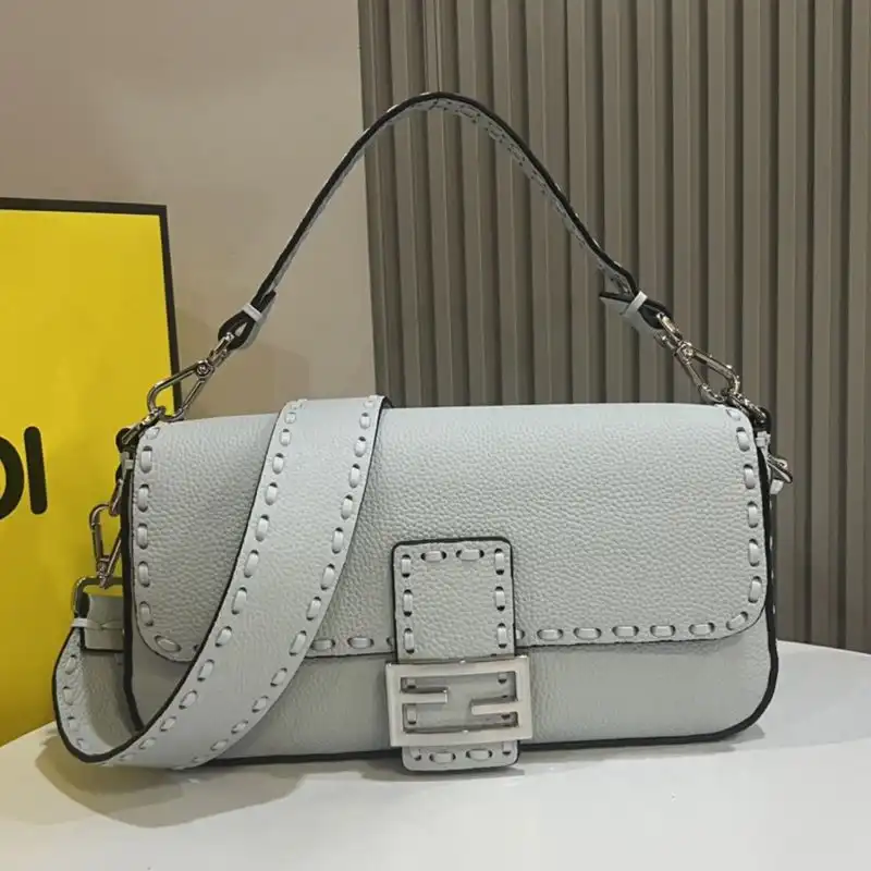 Fendi Medium Baguette Selleria Bag In Cuoio Romano Leather Sky Blue