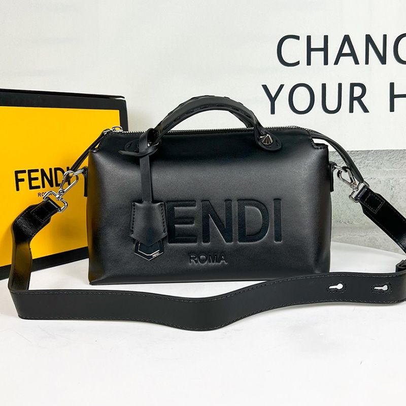 Affordable Fendi Medium By The Way Boston Bag In ROMA Logo Calf Leather Black