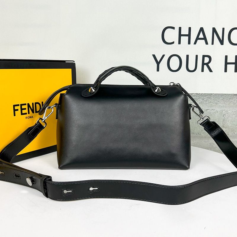 Affordable Fendi Medium By The Way Boston Bag In ROMA Logo Calf Leather Black