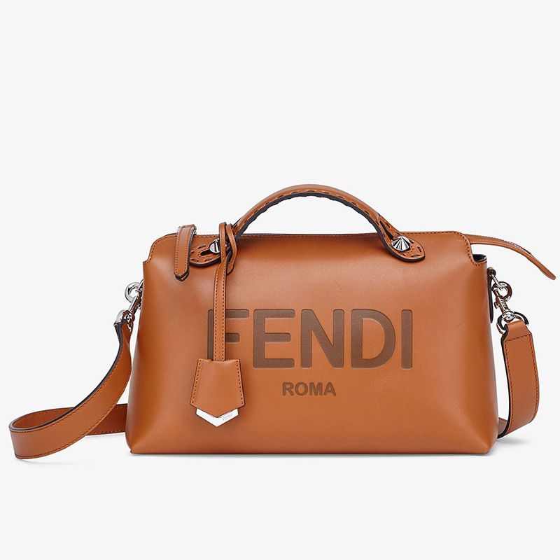 Affordable Fendi Medium By The Way Boston Bag In ROMA Logo Calf Leather Brown