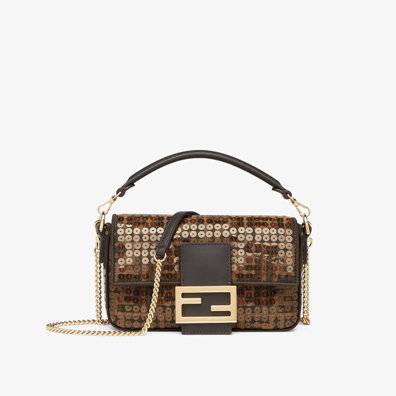 Affordable Fendi Mini Baguette Bag In FF Motif Fabric with Sequins Brown