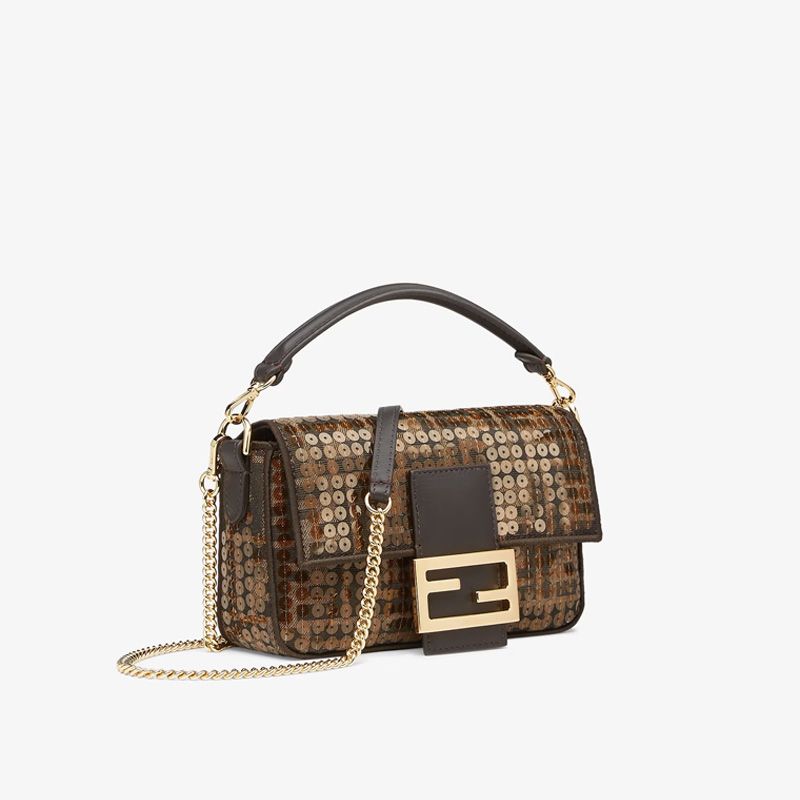 Affordable Fendi Mini Baguette Bag In FF Motif Fabric with Sequins Brown