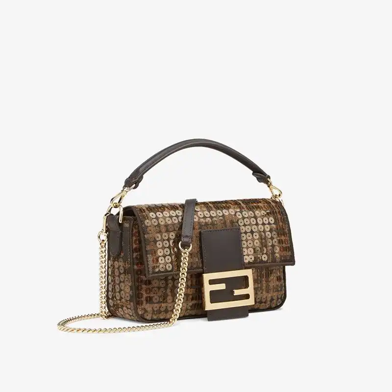 Cheap Fendi Mini Baguette Bag In FF Motif Fabric with Sequins Brown