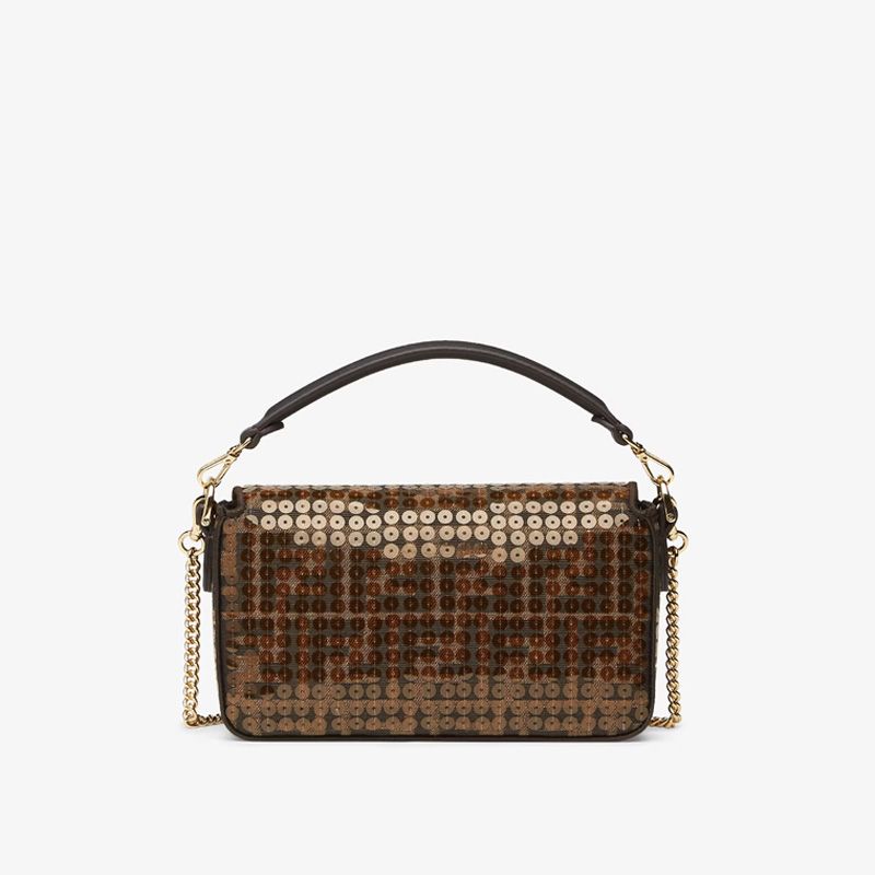 Affordable Fendi Mini Baguette Bag In FF Motif Fabric with Sequins Brown