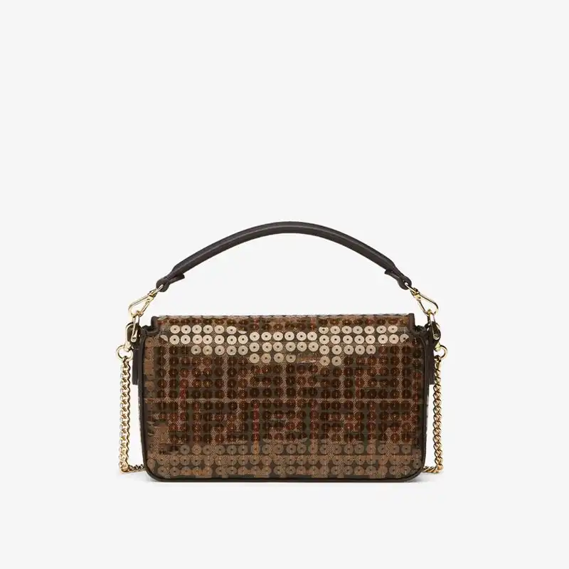 Cheap Fendi Mini Baguette Bag In FF Motif Fabric with Sequins Brown