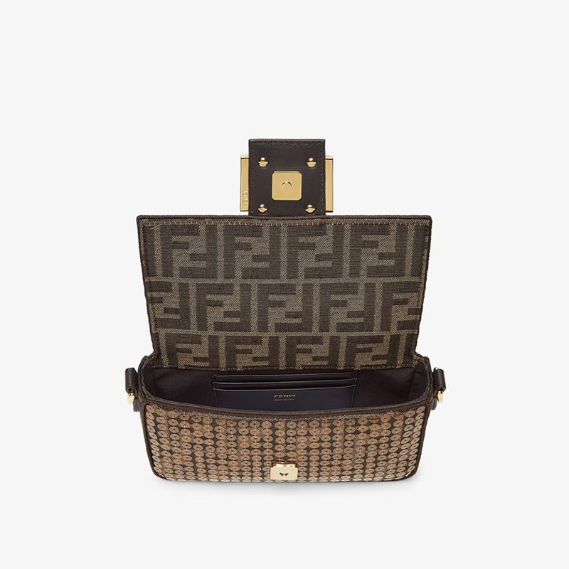 Affordable Fendi Mini Baguette Bag In FF Motif Fabric with Sequins Brown