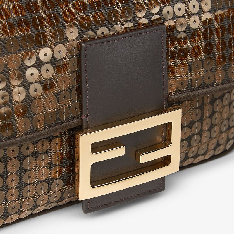 Affordable Fendi Mini Baguette Bag In FF Motif Fabric with Sequins Brown