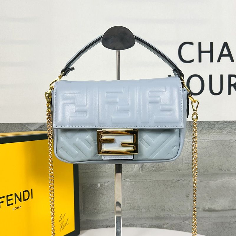 Affordable Fendi Mini Baguette Bag In FF Motif Nappa Leather Sky Blue