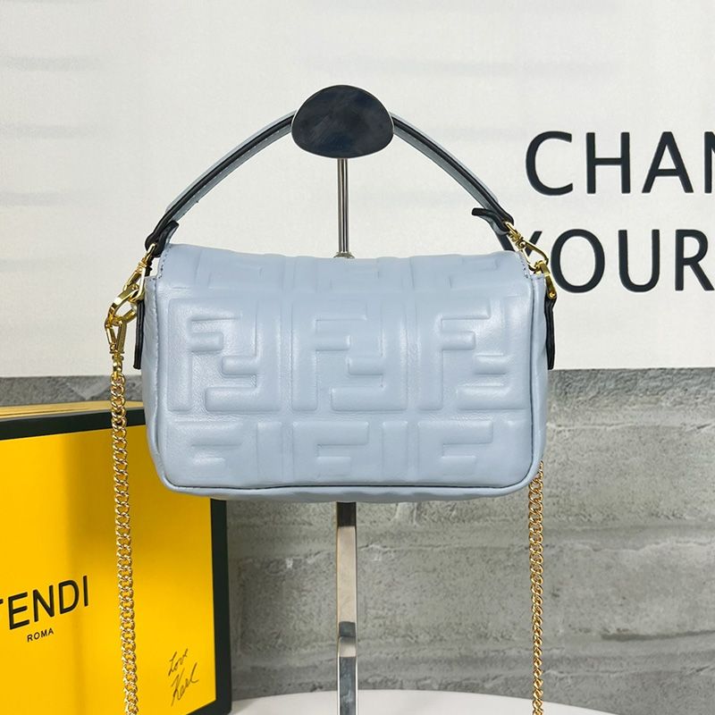 Affordable Fendi Mini Baguette Bag In FF Motif Nappa Leather Sky Blue