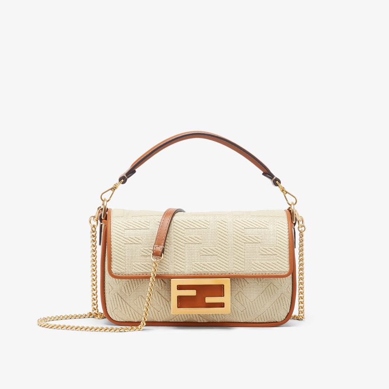 HOT Fendi Mini Baguette Bag In FF Motif Straw Beige