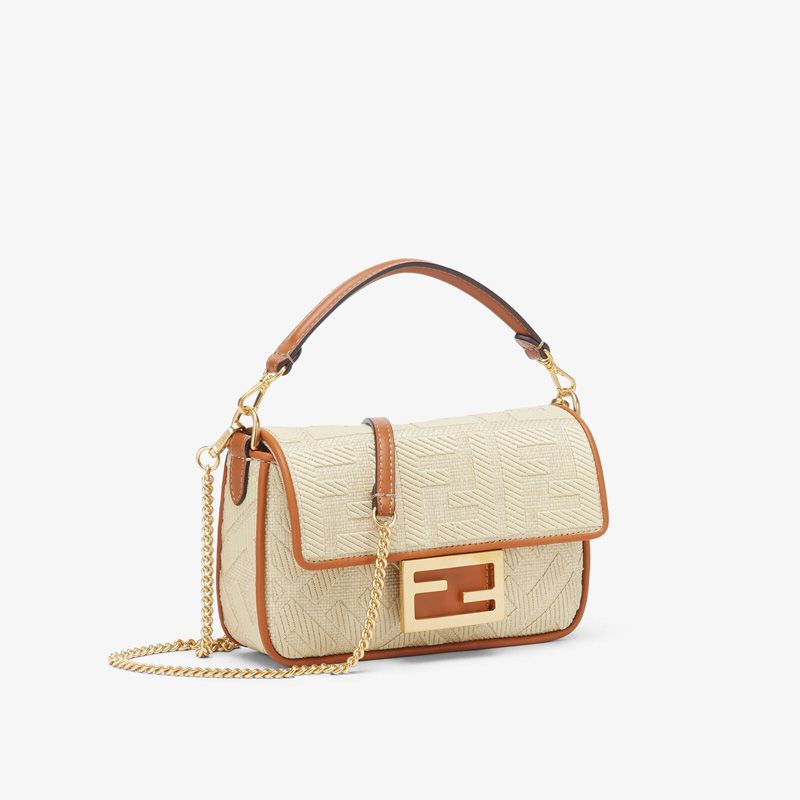 HOT Fendi Mini Baguette Bag In FF Motif Straw Beige