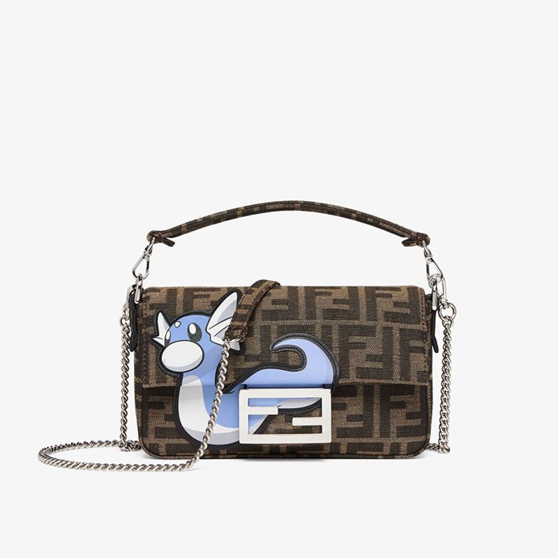 Affordable Fendi Mini Baguette Bag In Pokmon Dragon FF Motif Fabric Brown Blue