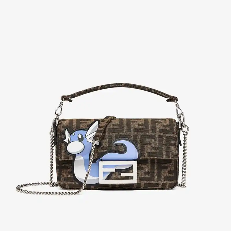 Fendi Mini Baguette Bag In Pokmon Dragon FF Motif Fabric Brown Blue