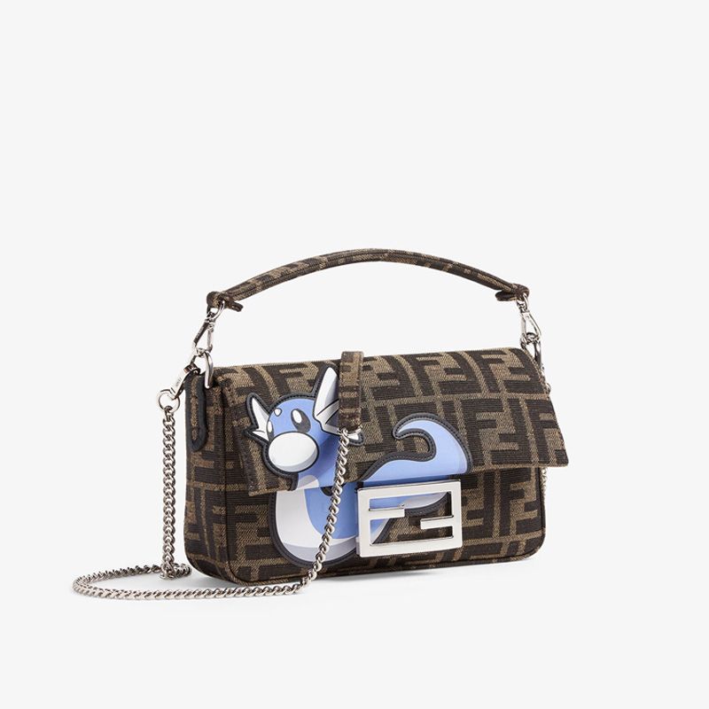 Affordable Fendi Mini Baguette Bag In Pokmon Dragon FF Motif Fabric Brown Blue