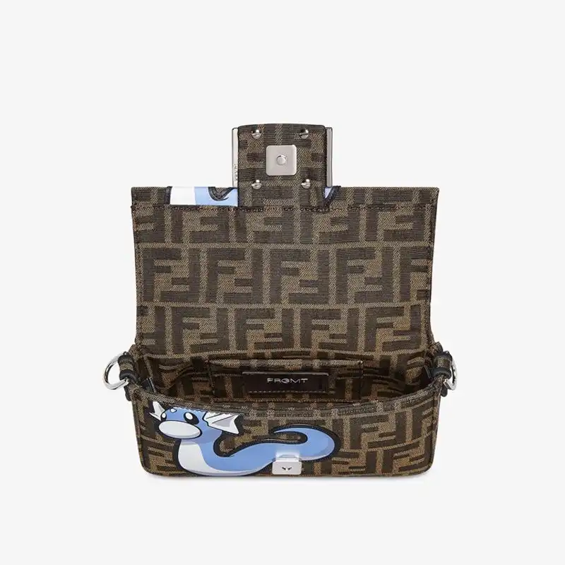 Affordable Fendi Mini Baguette Bag In Pokmon Dragon FF Motif Fabric Brown Blue