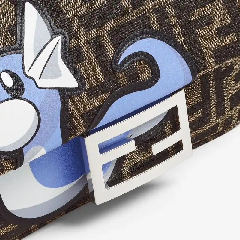 Affordable Fendi Mini Baguette Bag In Pokmon Dragon FF Motif Fabric Brown Blue