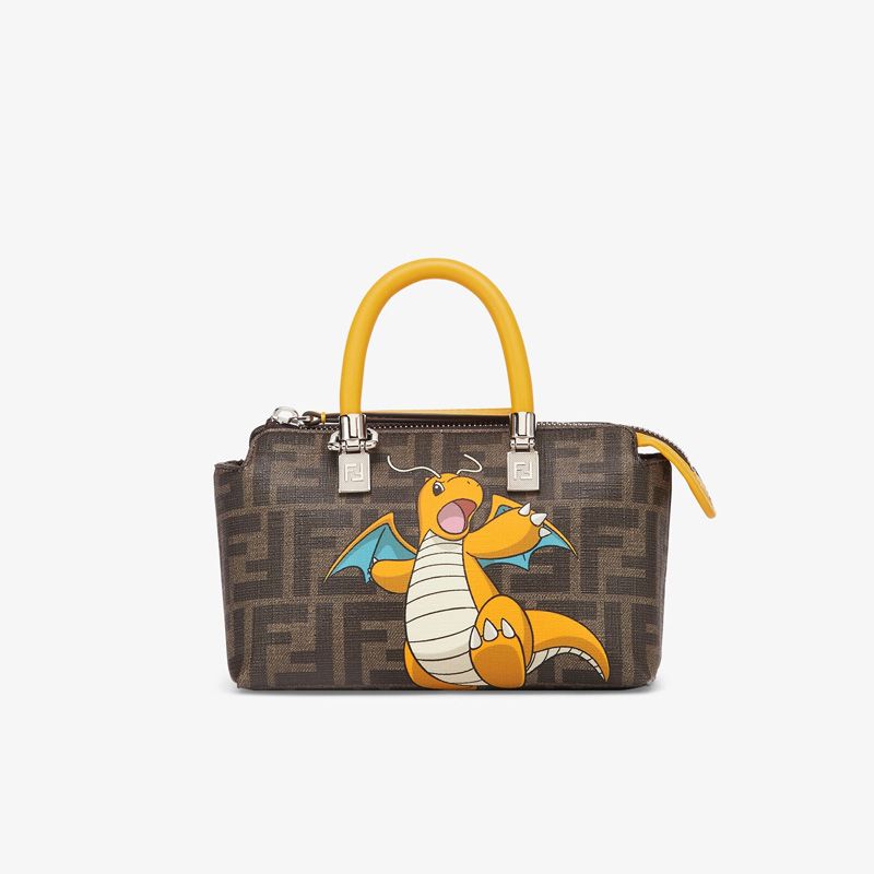 Affordable Fendi Mini By The Way Boston Bag In Pokmon Dragon FF Motif Fabric Brown Yellow